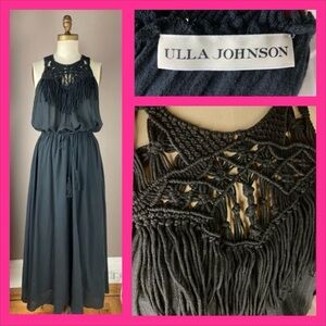 Ulla Johnson Black Cotton Maxidress with Macramé Bodice and Drawstring Waist